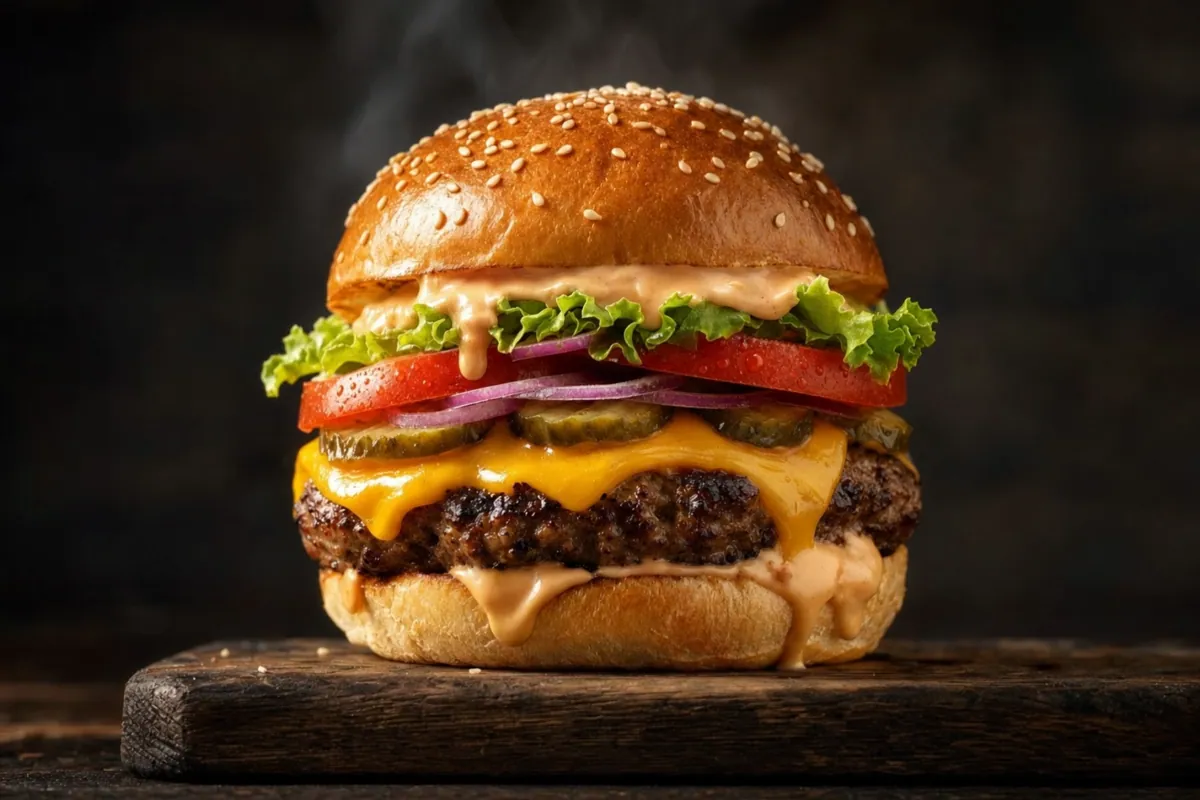 The Lucky Stack burger with cheddar, tomato, red onion, pickles and lettuce on a sesame brioche bun